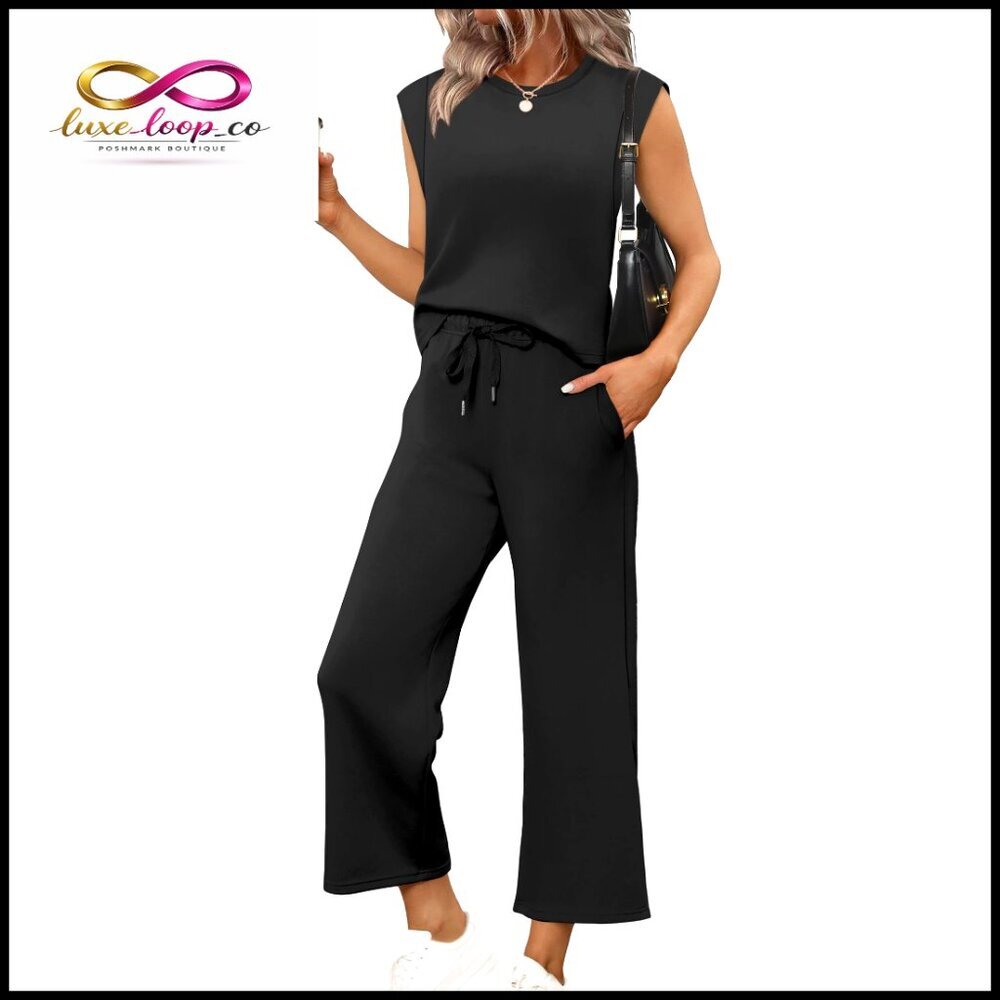 Wide Leg Crop Pants Set, Cap Sleeve Top, Medium, Casual Lounge Outfit